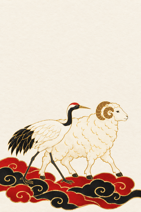 和モダンの鶴と歩く羊（余白つき）のイラスト（はがき たて・背景あり）