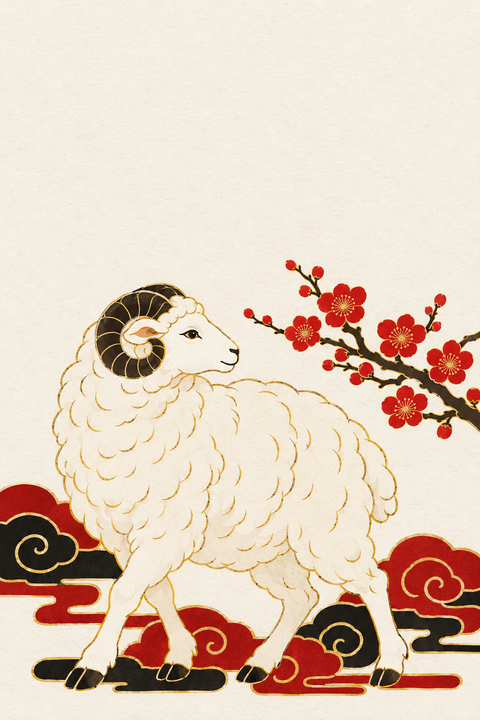 和モダンの紅梅を見る羊（余白つき）のイラスト（はがき たて・背景あり）
