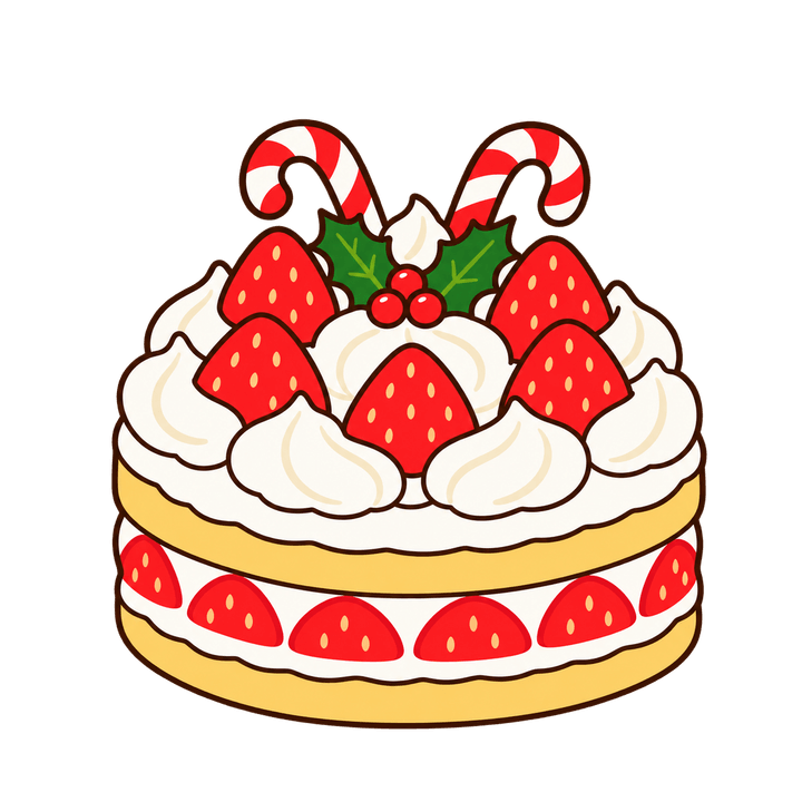 キャンディケーンのいちごケーキのイラスト（クリスマス・透過PNG）