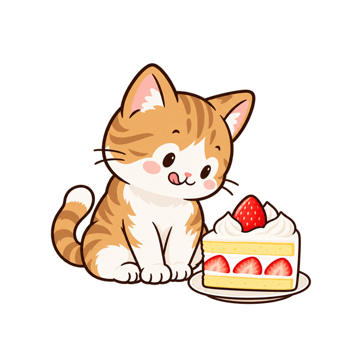 ケーキを見つめるねこのイラスト（クリスマス・透過PNG）
