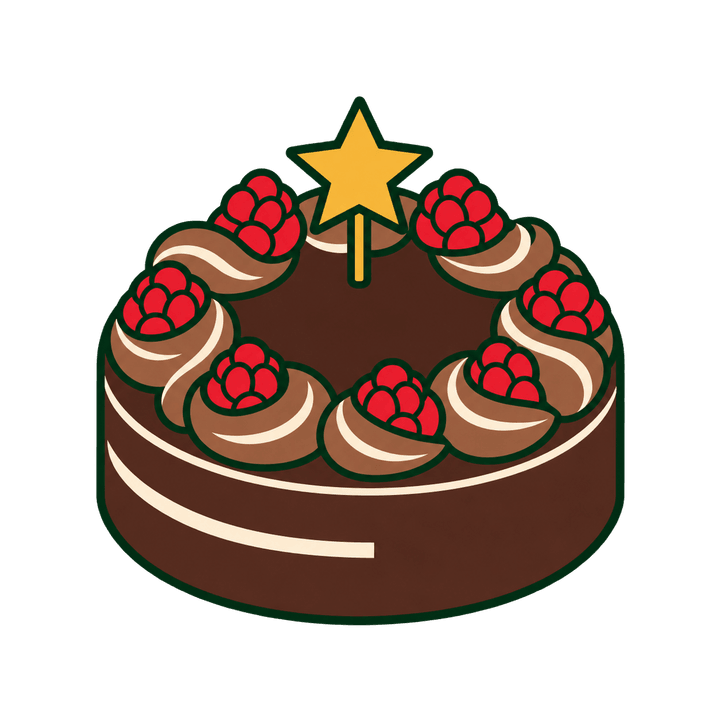 星とラズベリーのチョコケーキのイラスト（クリスマス・透過PNG）