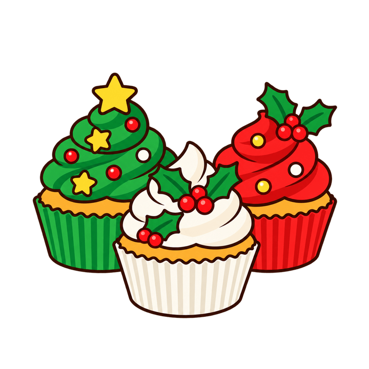 みっつのカップケーキのイラスト（クリスマス・透過PNG）
