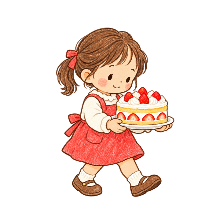 ケーキを運ぶ女の子のイラスト（クリスマス・透過PNG）