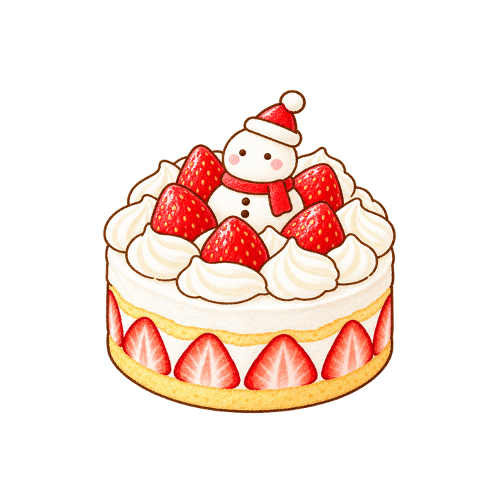 雪だるまのショートケーキのイラスト（クリスマス・透過PNG）