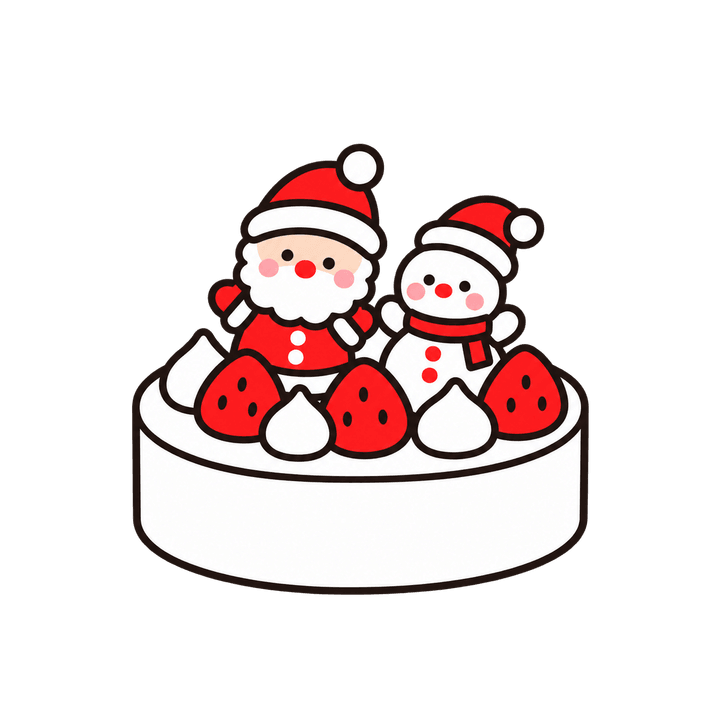 サンタと雪だるまのケーキのイラスト（クリスマス・透過PNG）