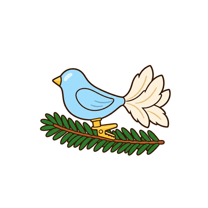 枝にとまった小鳥のオーナメントのイラスト（クリスマス・透過PNG）