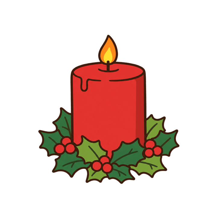 ヒイラギと赤いキャンドルのイラスト（クリスマス・透過PNG）