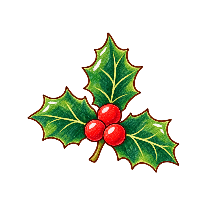 赤い実のヒイラギのイラスト（クリスマス・透過PNG）