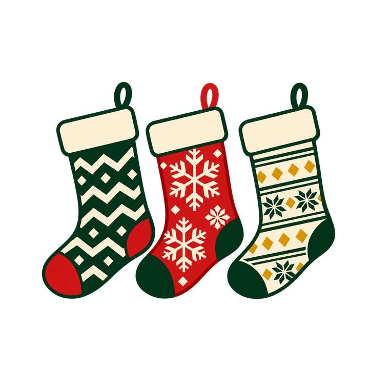 3つならんだ靴下のイラスト（クリスマス・透過PNG）