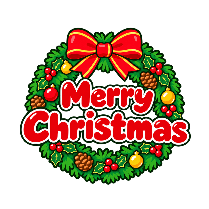 リースとMerry Christmasのイラスト（クリスマス・透過PNG）