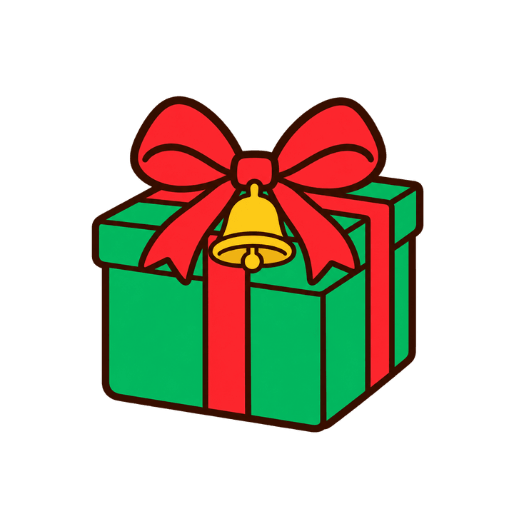 ベルつきのプレゼントのイラスト（クリスマス・透過PNG）