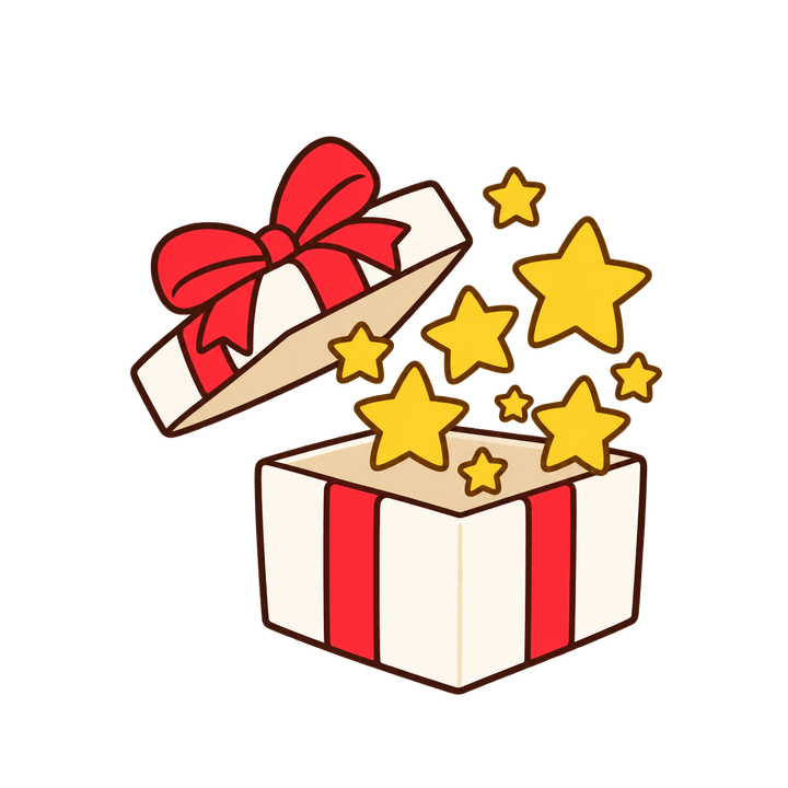 星がとびだすプレゼントのイラスト（クリスマス・透過PNG）