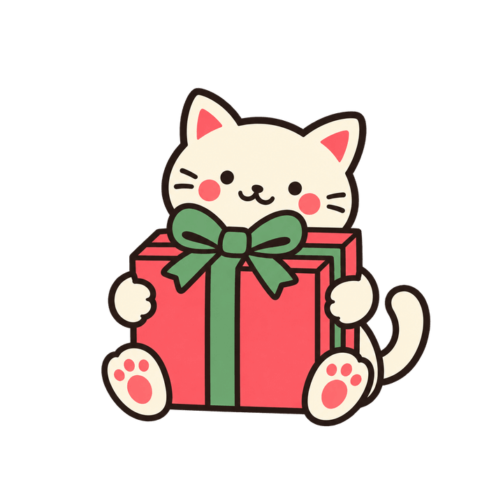 プレゼントをだくねこのイラスト（クリスマス・透過PNG）