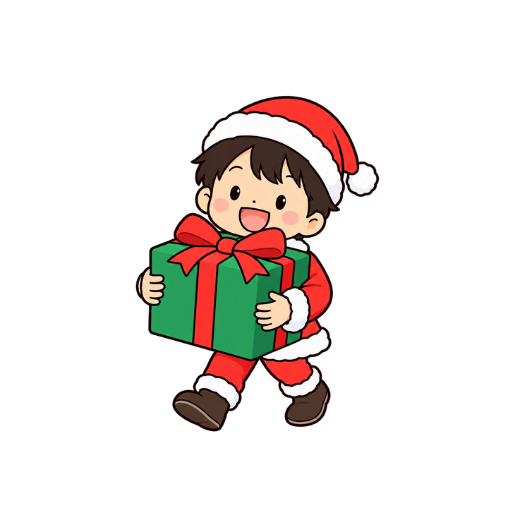 プレゼントを運ぶ子どものイラスト（クリスマス・透過PNG）