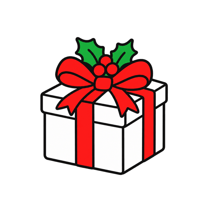 ヒイラギを飾ったプレゼントのイラスト（クリスマス・透過PNG）