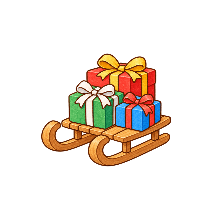 プレゼントをのせたそりのイラスト（クリスマス・透過PNG）