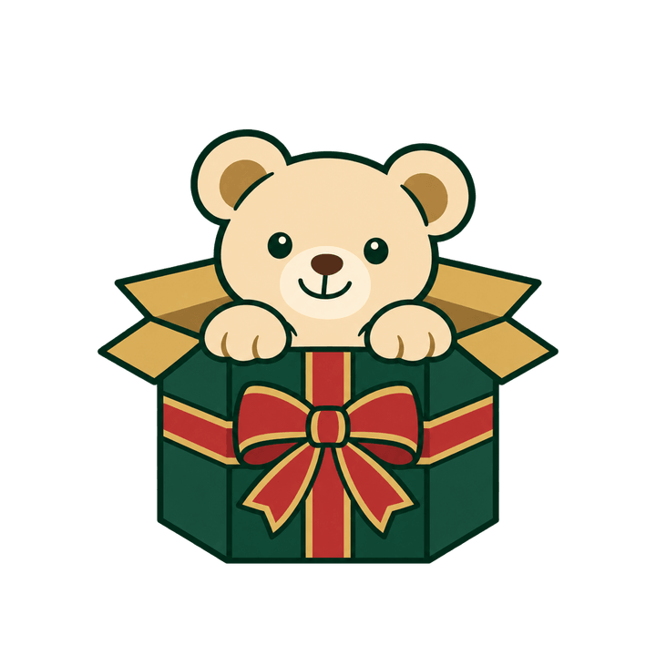 プレゼント箱から顔を出すくまのイラスト（クリスマス・透過PNG）