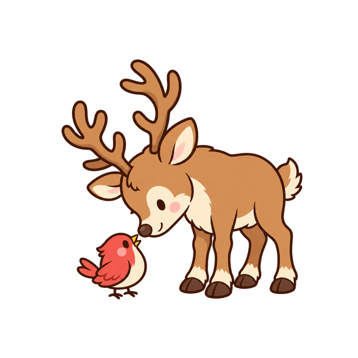 小鳥と鼻をよせるトナカイのイラスト（クリスマス・透過PNG）