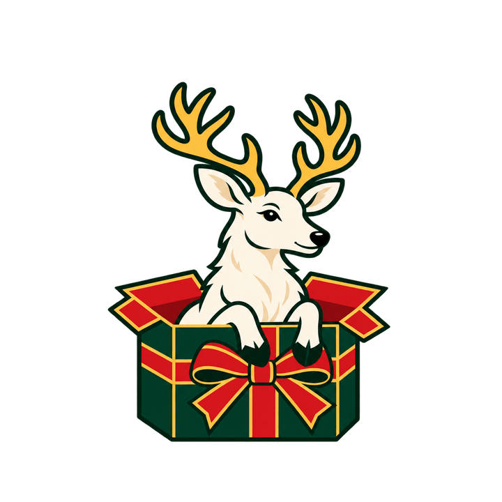 プレゼント箱から顔を出すトナカイのイラスト（クリスマス・透過PNG）