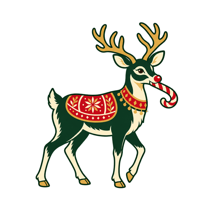 キャンディケーンをくわえたトナカイのイラスト（クリスマス・透過PNG）