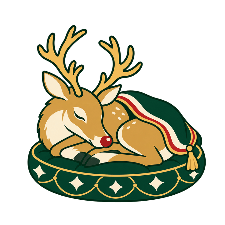 クッションで眠るトナカイのイラスト（クリスマス・透過PNG）