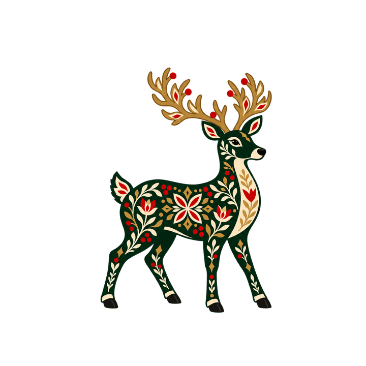 花もようのトナカイのイラスト（クリスマス・透過PNG）
