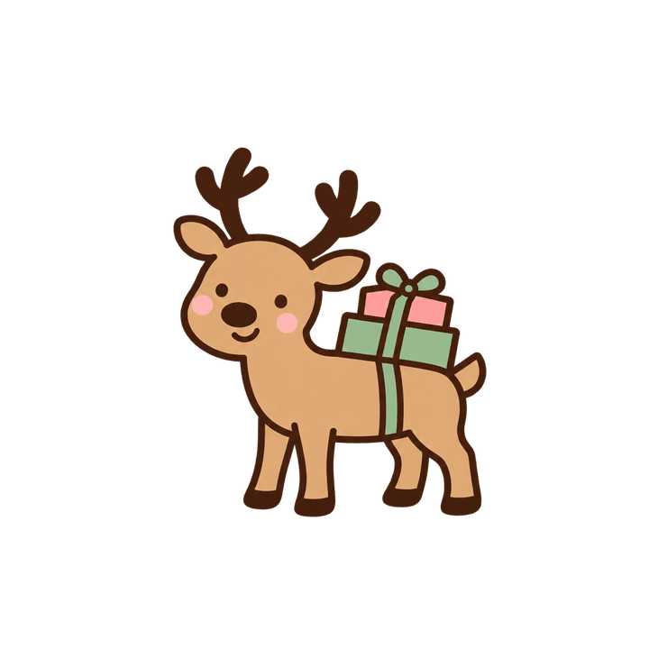 プレゼントを背負ったトナカイのイラスト（クリスマス・透過PNG）