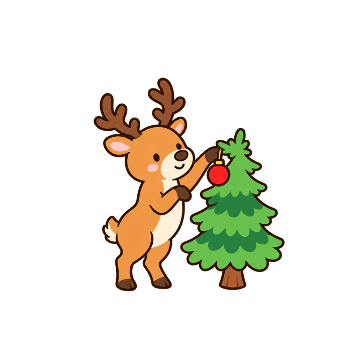 ツリーを飾りつけるトナカイのイラスト（クリスマス・透過PNG）