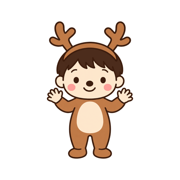 トナカイの着ぐるみを着た子どものイラスト（クリスマス・透過PNG）