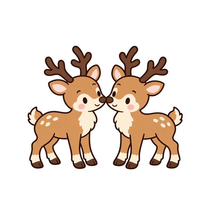 鼻をくっつける2頭のトナカイのイラスト（クリスマス・透過PNG）