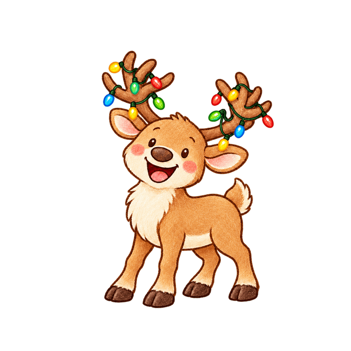 電飾がからまったトナカイのイラスト（クリスマス・透過PNG）