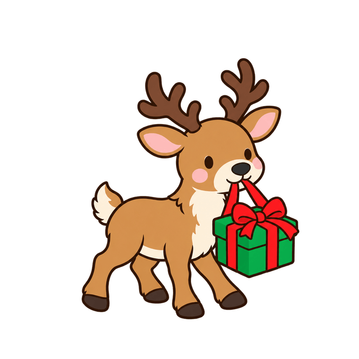 プレゼントをくわえたトナカイのイラスト（クリスマス・透過PNG）