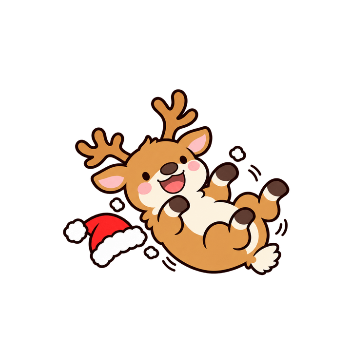 ころがって笑うトナカイのイラスト（クリスマス・透過PNG）