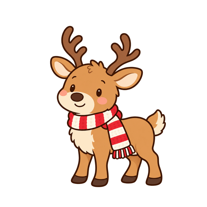 しまのマフラーをしたトナカイのイラスト（クリスマス・透過PNG）