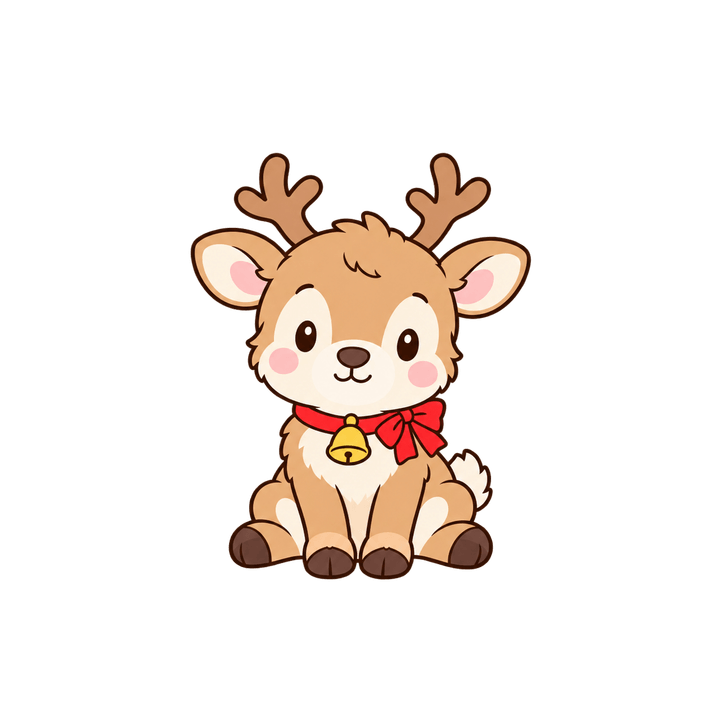 鈴をつけてすわるトナカイのイラスト（クリスマス・透過PNG）