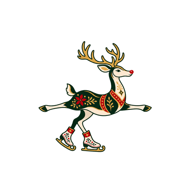 スケートをするトナカイのイラスト（クリスマス・透過PNG）