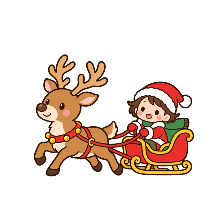 子どもを乗せたトナカイのそりのイラスト（クリスマス・透過PNG）