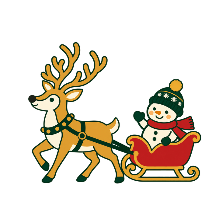雪だるまを乗せたトナカイのそりのイラスト（クリスマス・透過PNG）