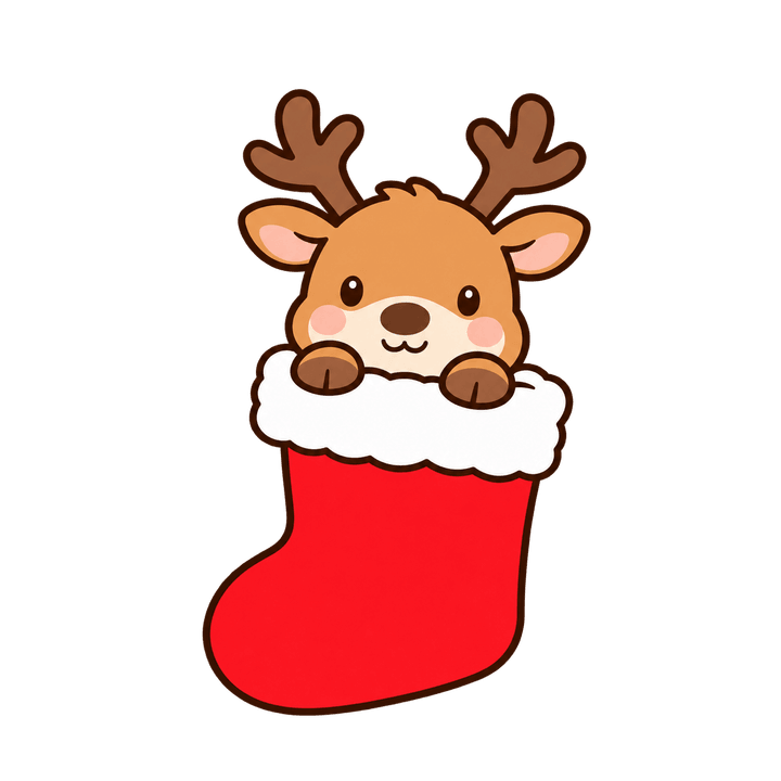靴下から顔を出すトナカイのイラスト（クリスマス・透過PNG）