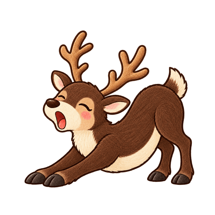 大きくのびをするトナカイのイラスト（クリスマス・透過PNG）