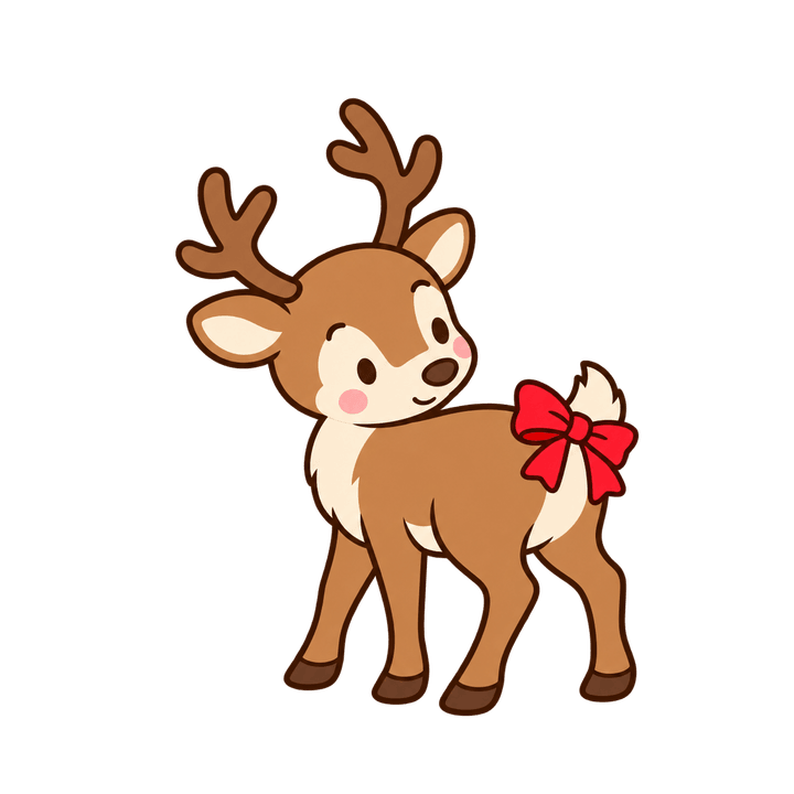 しっぽのリボンを見るトナカイのイラスト（クリスマス・透過PNG）