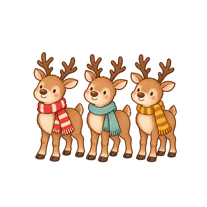 マフラーをした3頭のトナカイのイラスト（クリスマス・透過PNG）