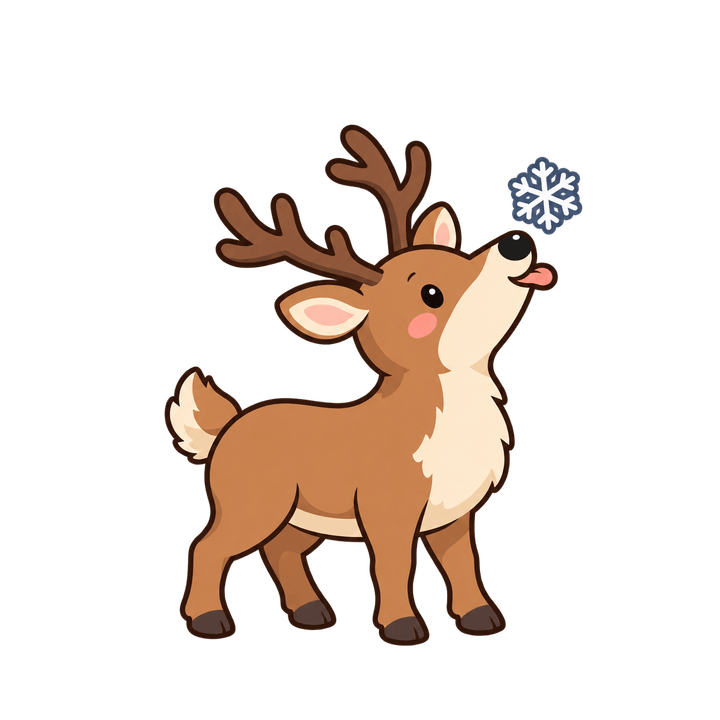 舌で雪をうけるトナカイのイラスト（クリスマス・透過PNG）
