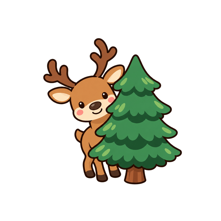 もみの木からのぞくトナカイのイラスト（クリスマス・透過PNG）