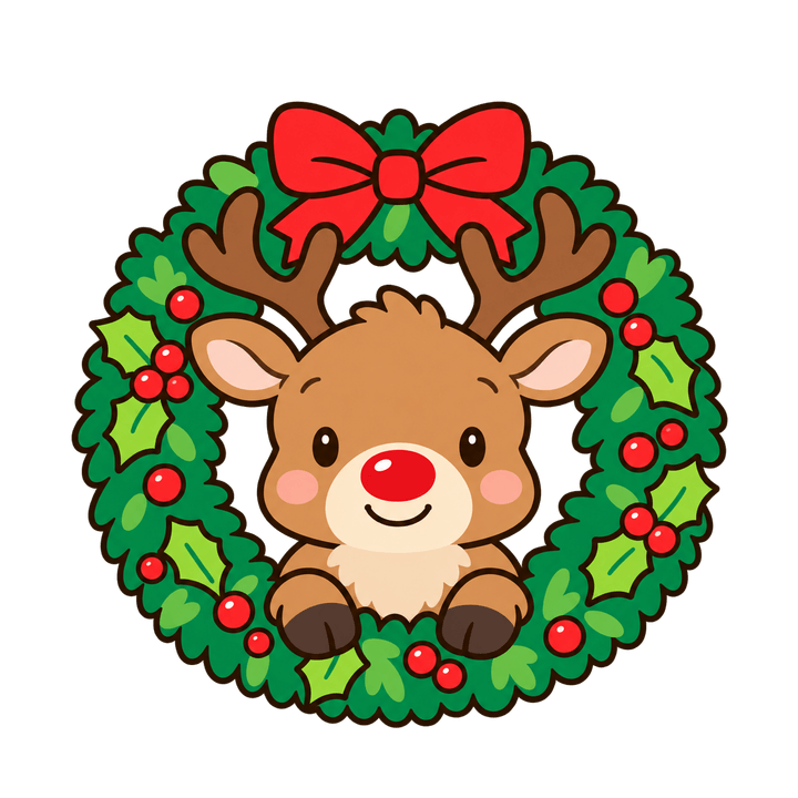 リースから顔を出すトナカイのイラスト（クリスマス・透過PNG）