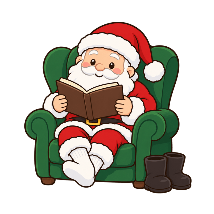 ひじかけいすで本を読むサンタのイラスト（クリスマス・透過PNG）