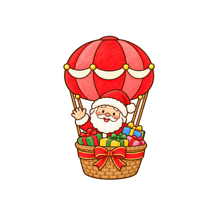 気球から手をふるサンタのイラスト（クリスマス・透過PNG）