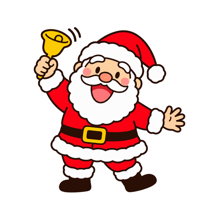 ベルを鳴らすサンタのイラスト（クリスマス・透過PNG）