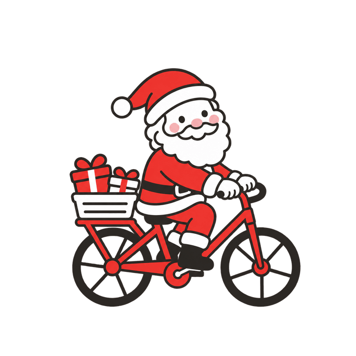自転車でプレゼントを運ぶサンタのイラスト（クリスマス・透過PNG）