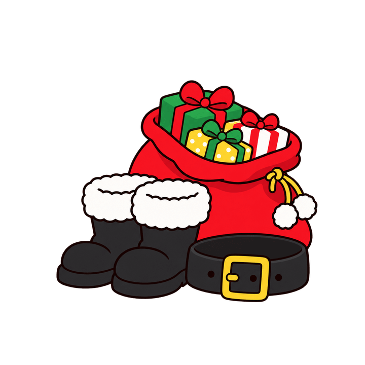 サンタのブーツとベルトと袋のイラスト（クリスマス・透過PNG）